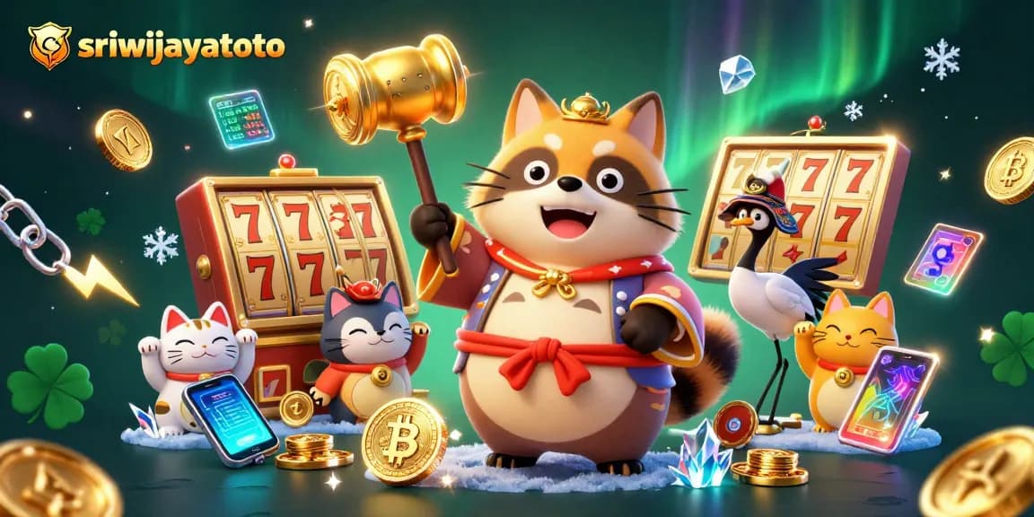 Sriwijayatoto brings luck with a cheerful tanuki and slot reels in a vibrant casino scene