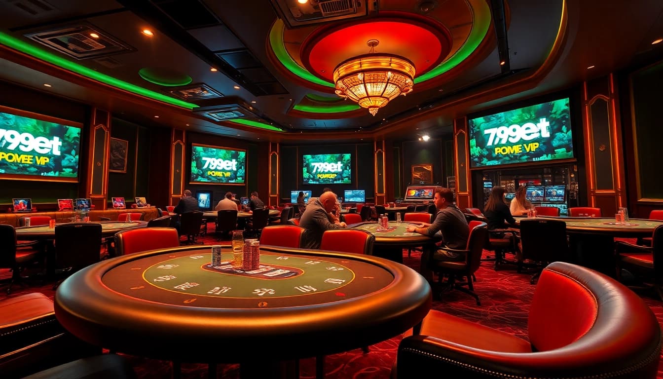 Exciting scene of 789bet vip poker room with players at tables and vibrant branding.