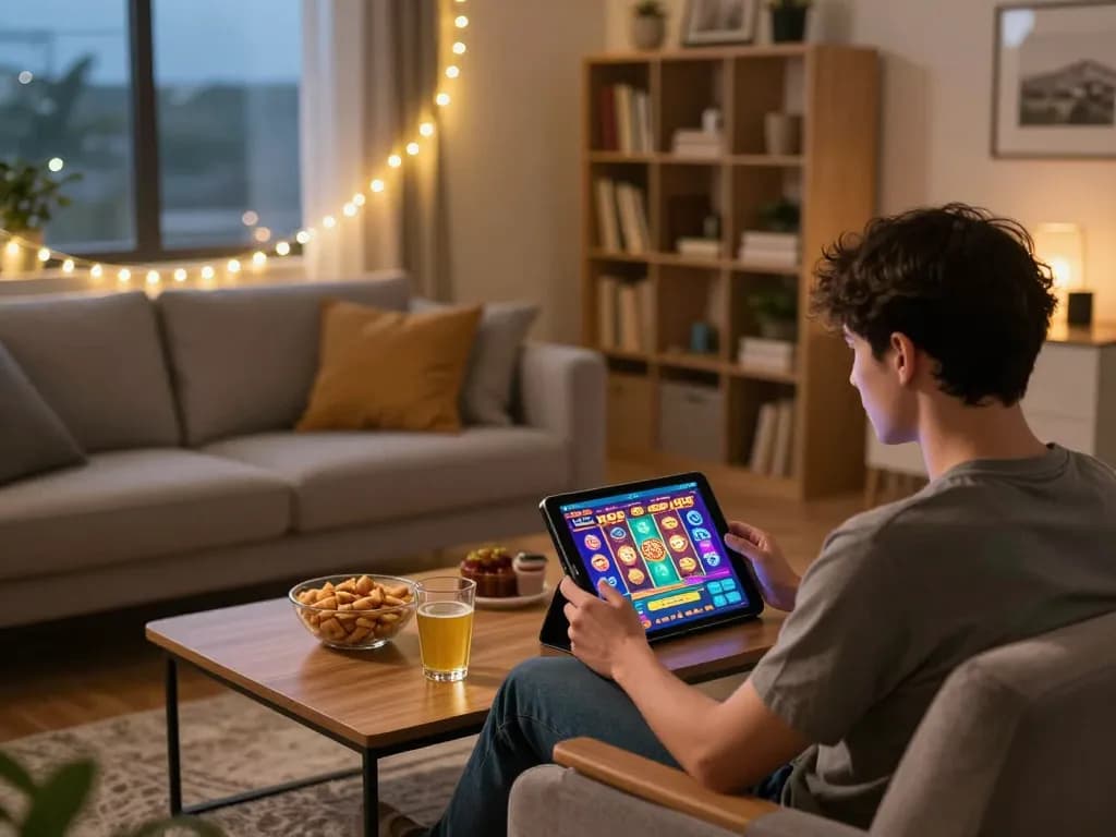 Engaging in strategic gameplay with slot88 on a tablet in a cozy home setting.