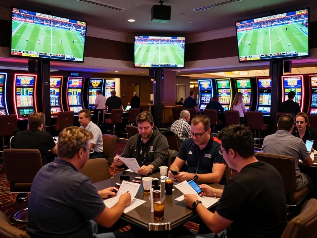 Engaged bettors analyzing odds and placing bets at nhandinhkeonhacai sports lounge, excitement visible during live events
