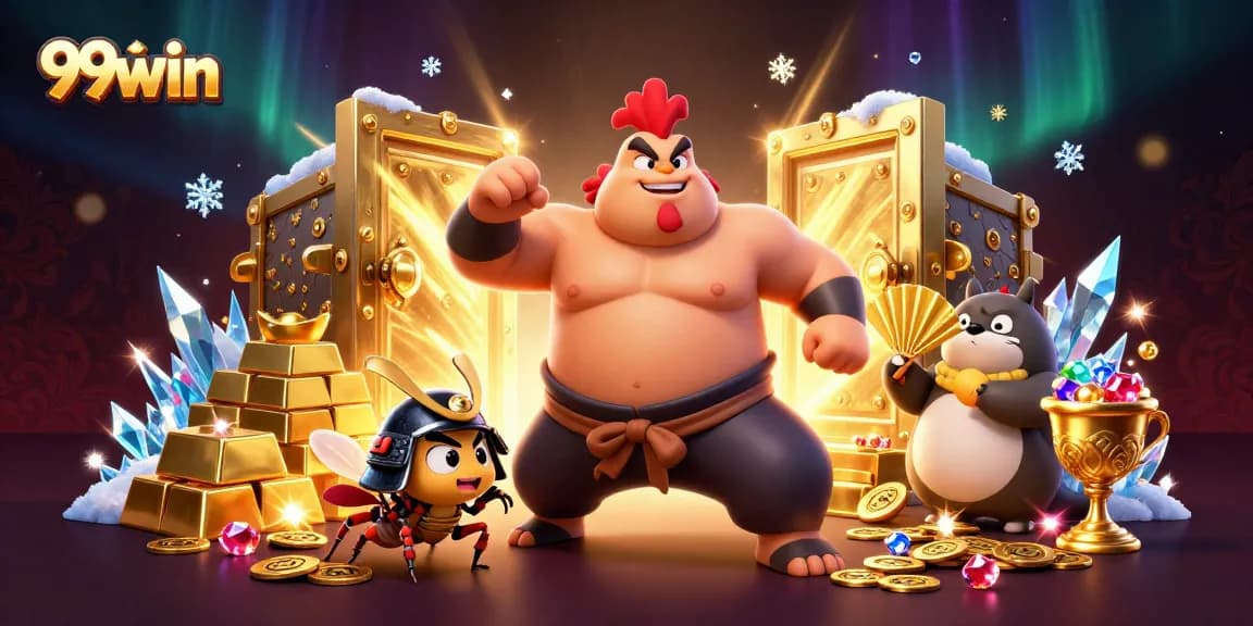 99win showcases a vibrant 3D scene with a sumo wrestler rooster, cricket, and tanuki among treasures.