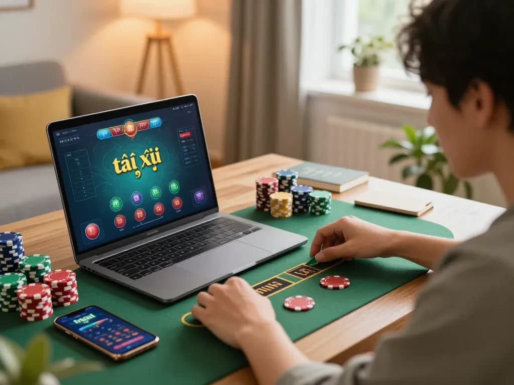 Engaging gameplay of tài xỉu online on a laptop with colorful chips and smartphone, cozy home setup