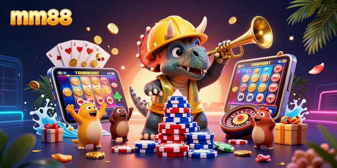 Engage with mm88 for exciting casino adventures featuring triceratops and poker chips in a lively scene.