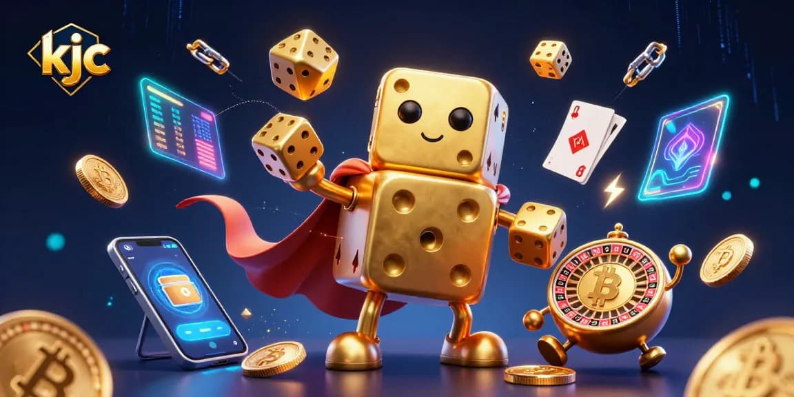 KJC engages players with a vibrant 3D casino scene featuring a golden dice golem and cryptocurrency elements.