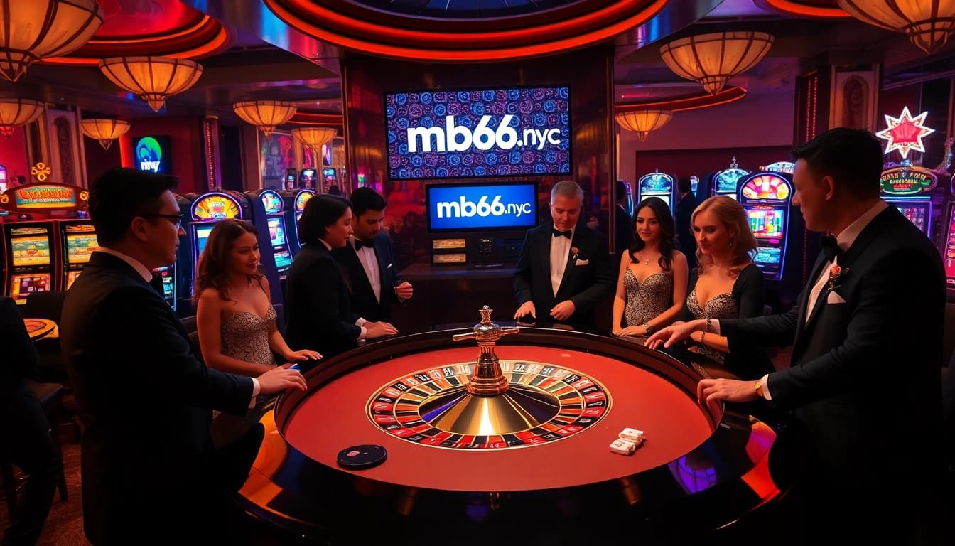Engaging casino scene with roulette table and mb66.nyc prominently displayed