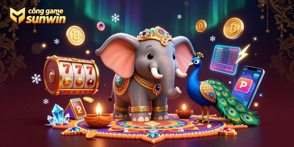 Engage with cổng game sunwin through vibrant visuals featuring an elephant and a peacock celebrating Diwali.