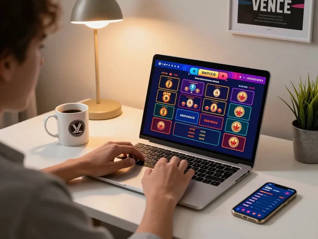 Player engaging with sun win online gaming app while strategizing in a cozy home office