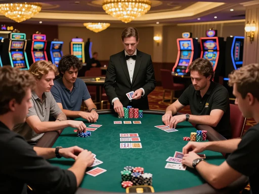 Players engaged in a strategic poker game on f8betz casino floor, illuminated by luxurious lighting.
