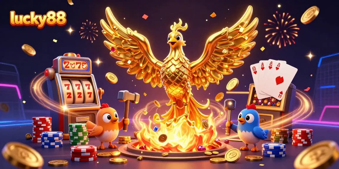 Engage with lucky88's thrilling experience featuring a golden phoenix and magical casino elements.