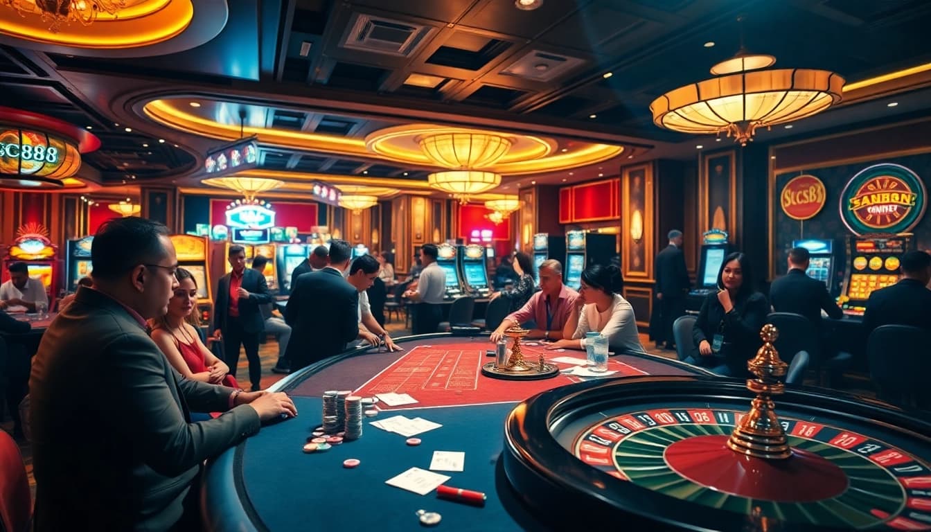 Players enjoying various games at a lively casino, showcasing the excitement of SC88 betting strategies.