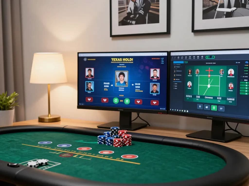 Players enjoying a thrilling LV88 online poker game with strategy displays in a modern home office.