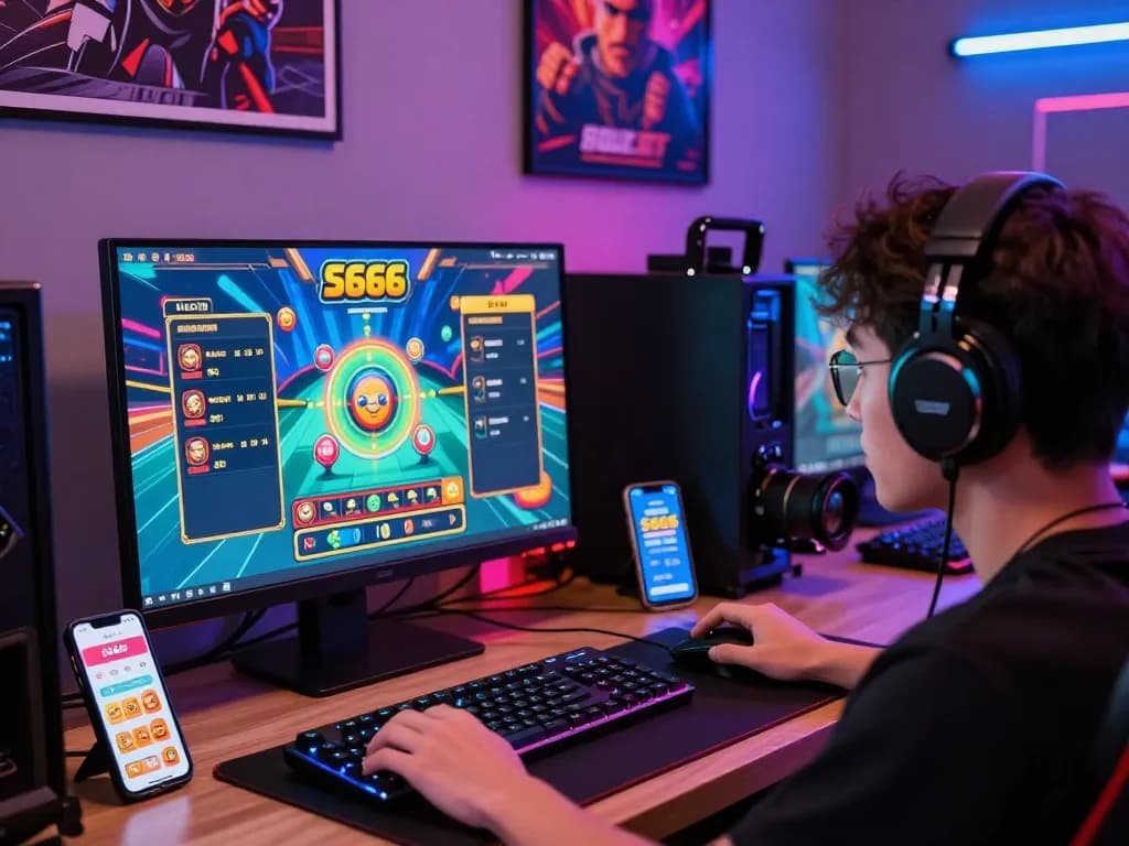 Engaged gamer playing the S666 lottery game on computer, showcasing excitement and vibrant graphics.