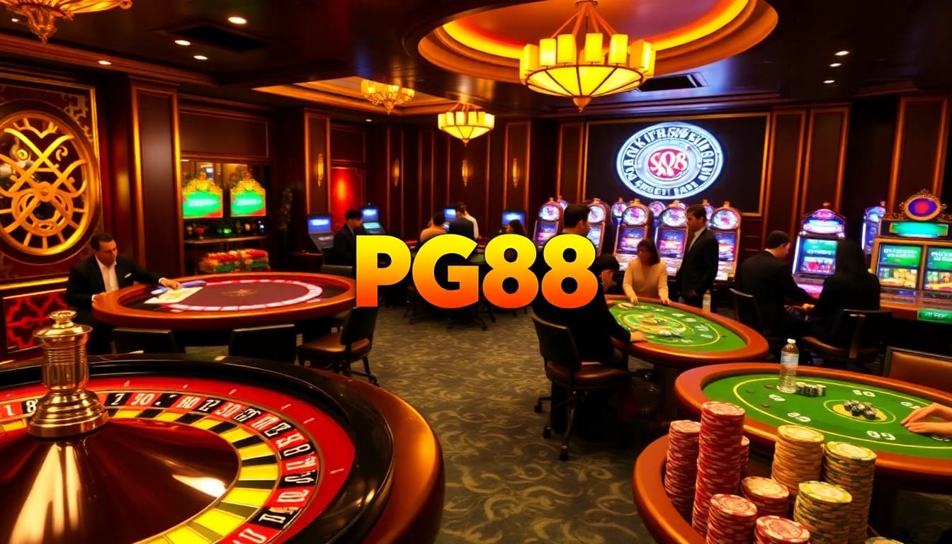 Experience the excitement of PG88 at a luxurious casino with tables, dealers, and vibrant gambling elements.