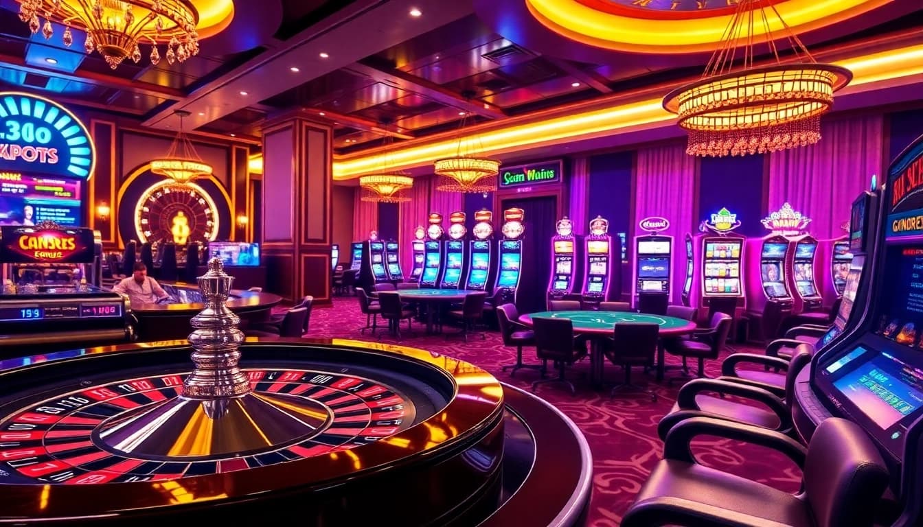 Exciting casino action with 88aa slot machines and poker tables, showcasing vibrant games.