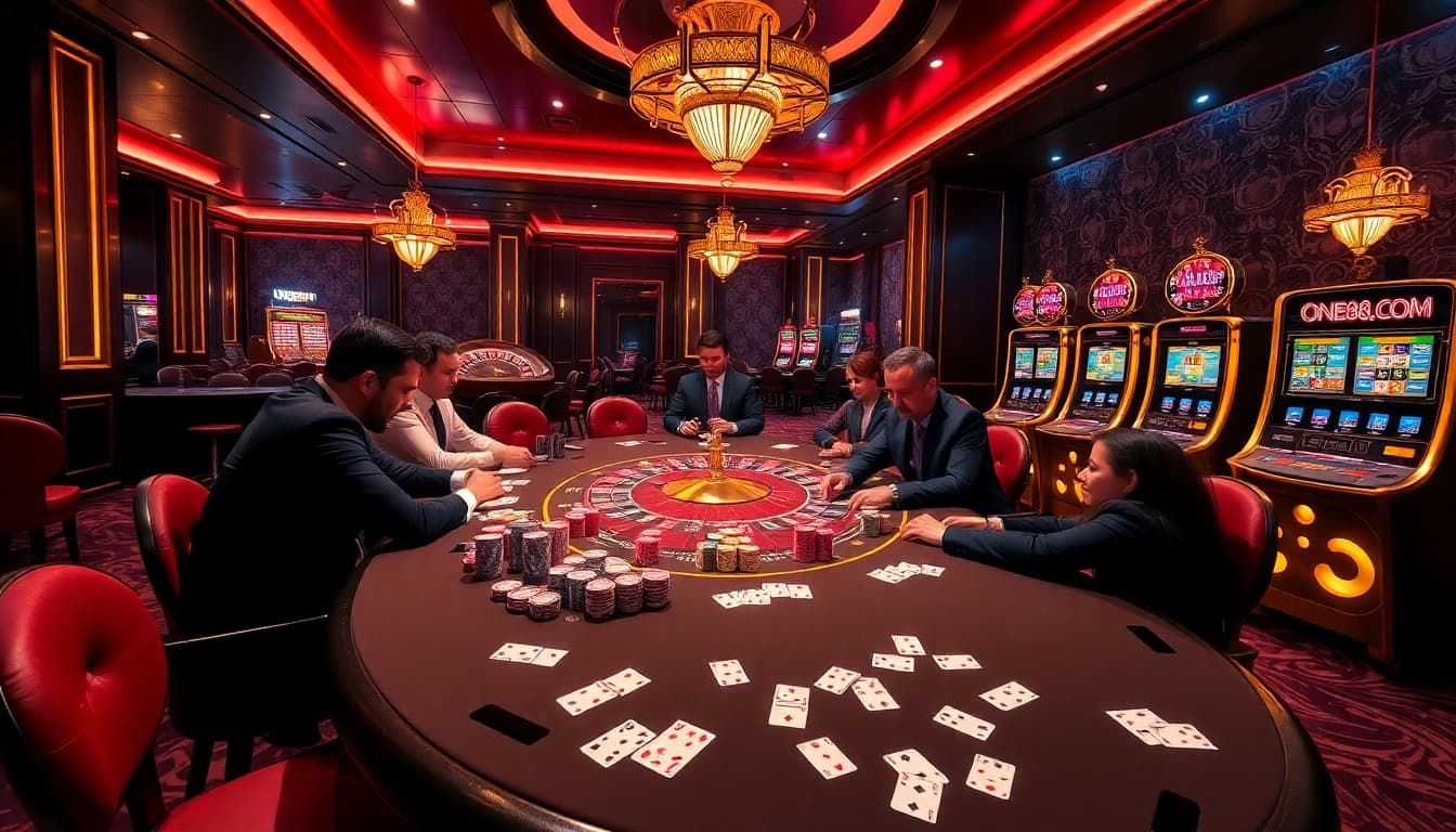 Betting excitement at ONE88.COM with poker chips and roulette in a luxury casino setting.
