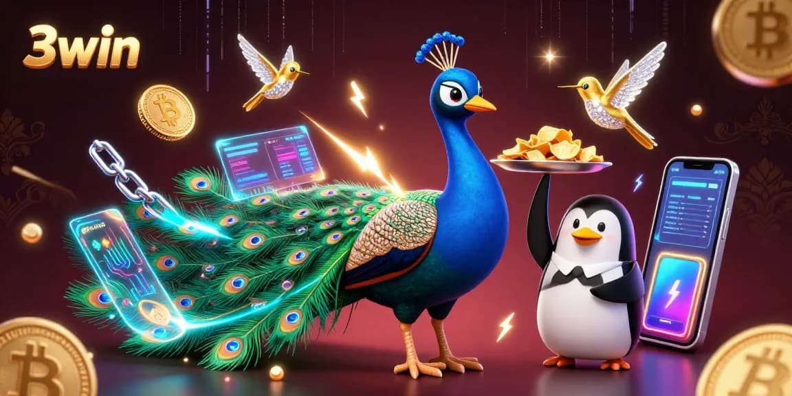 Engage with the 3win casino experience, showcasing vibrant characters and crypto elements in a lively setting.