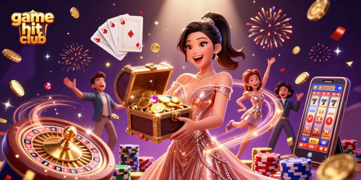 Experience the thrill at game hit club with a stunning treasure chest of wins surrounded by vibrant casino elements.
