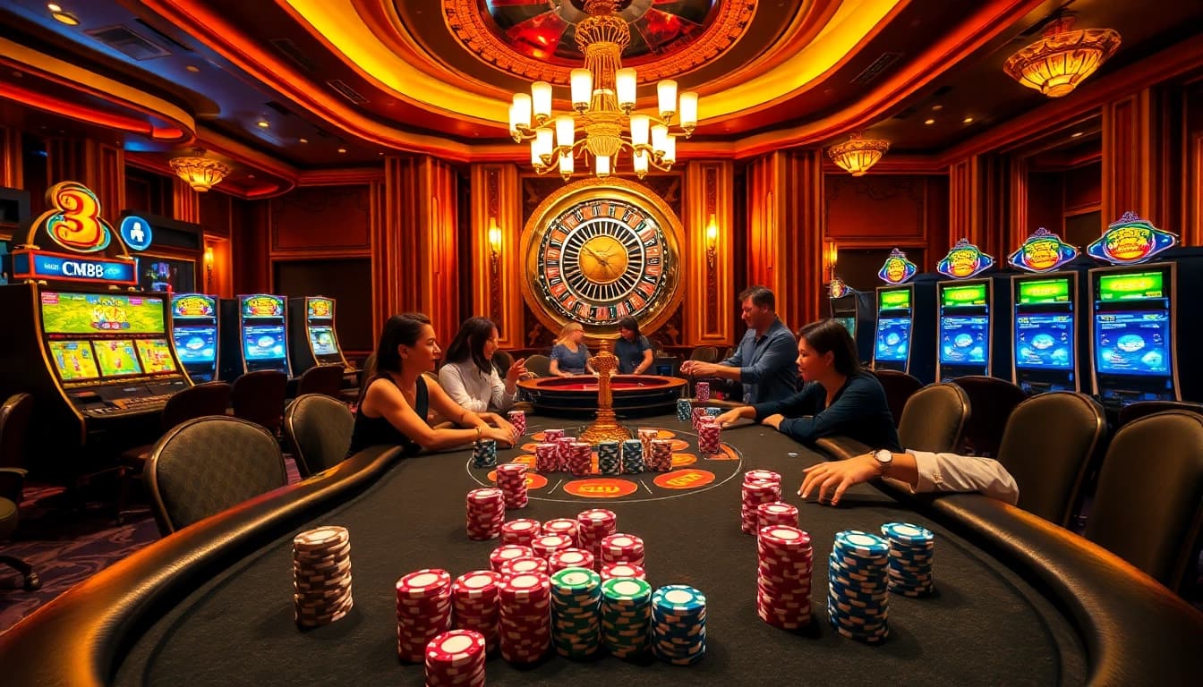 Exciting casino scene with CM88 poker activities, vibrant poker chips, and roulette backdrop.