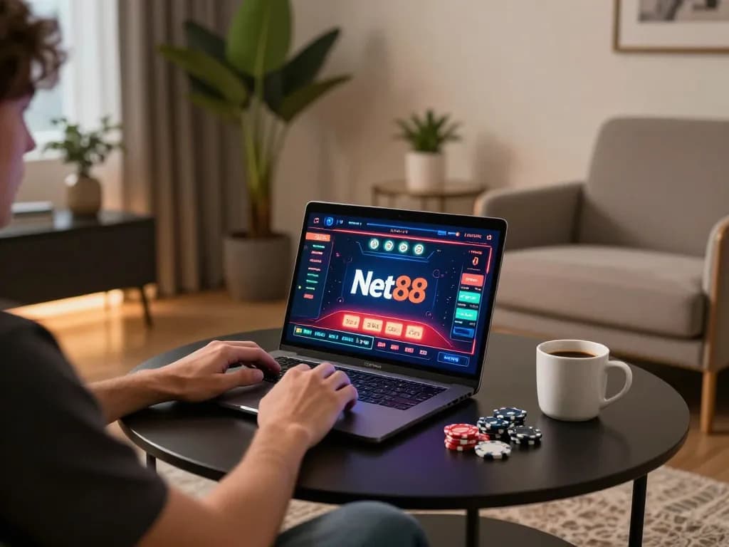 Player enjoying Net88 online casino experience on a modern laptop at home, emphasizing strategic gaming