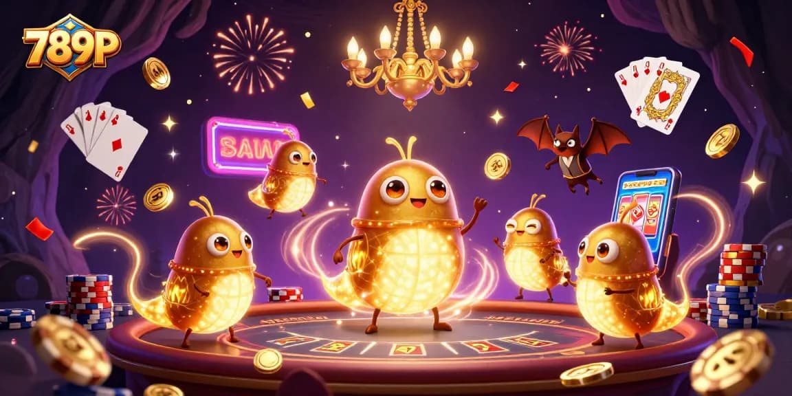 Experience the 789P casino excitement with glowing creatures, colorful chips, and vibrant celebrations!