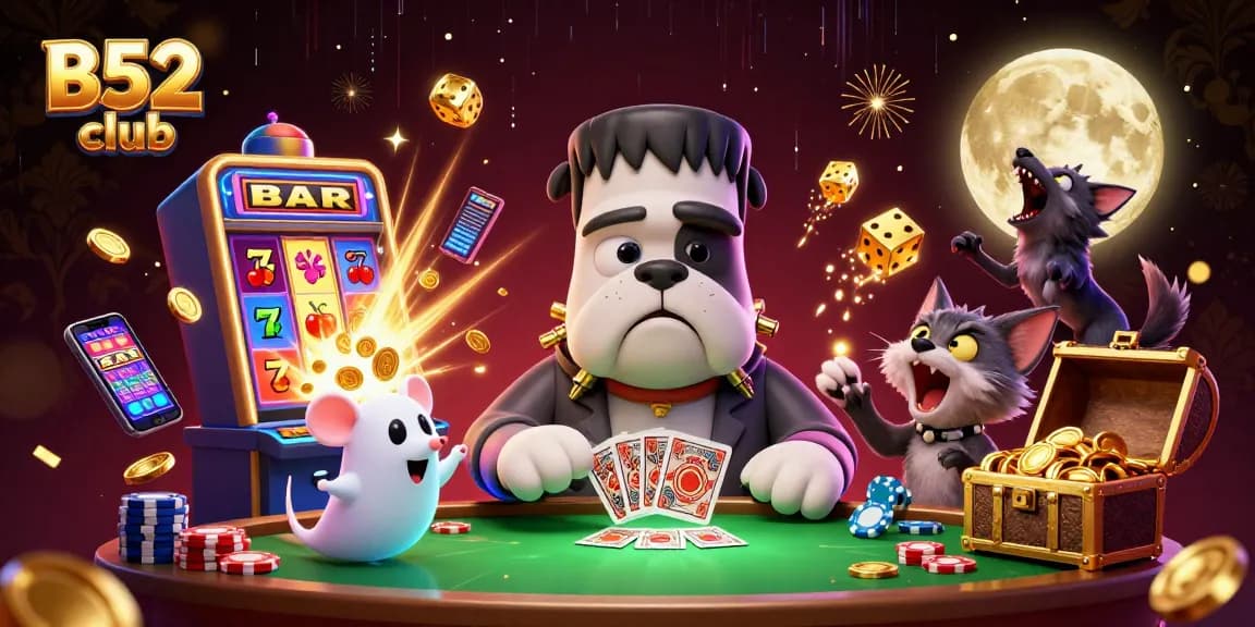 B52 club features a cartoon Frankenstein bulldog and duo winning at an exciting casino table.