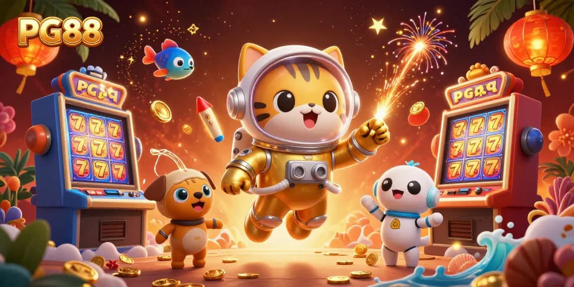 Experience the thrilling PG88 casino adventure with a dynamic scene of playful characters, vibrant slot machines, and rich gold elements.