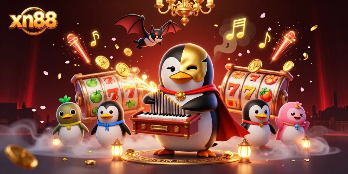 Spin slot reels and win with xn88 featuring a masked penguin at the casino in a vibrant scene.