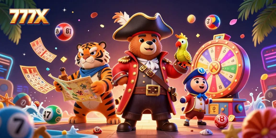Engage in exciting gameplay at 777X with vibrant lottery elements alongside colorful characters.