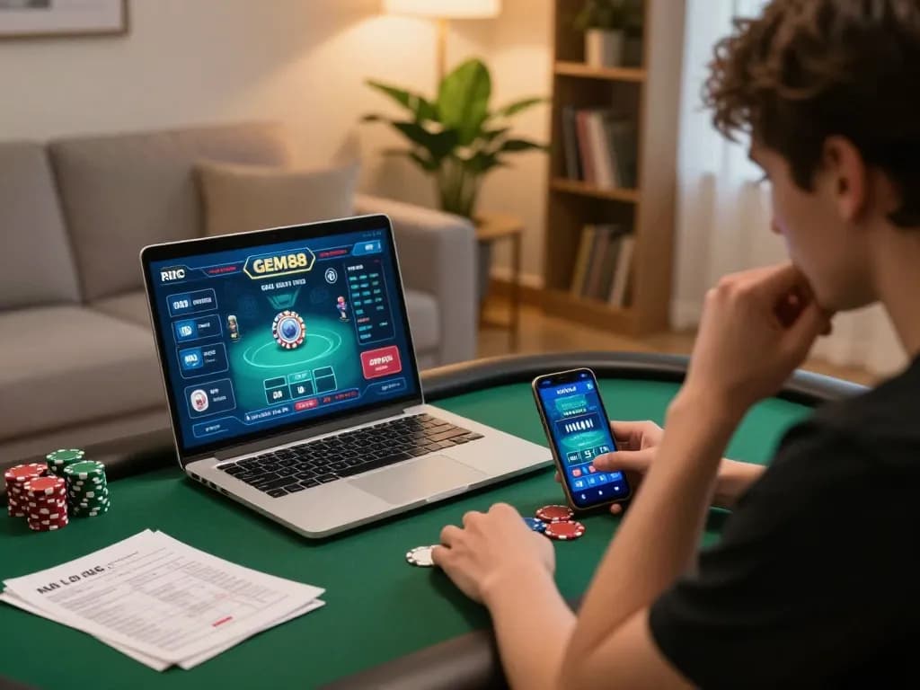 Engaging online poker scene at Nhà cái GEM88, showcasing strategy and focus in a home gaming setup