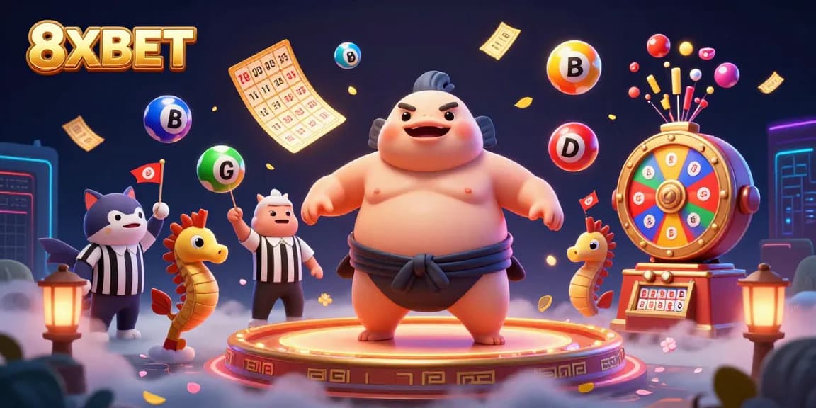 Engage with the vibrant 8XBET gaming scene featuring a lively fugu character, lottery elements, and festive ambiance.