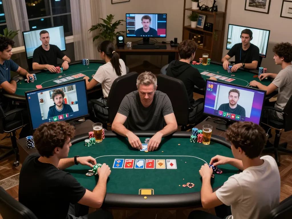 Players engaging in competitive online poker at home, showcasing GO99 strategy and excitement.