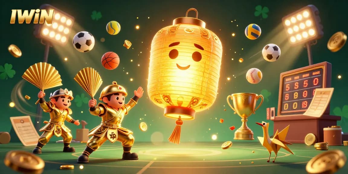 IWIN casino promotional illustration featuring a golden lantern spirit and sports elements.