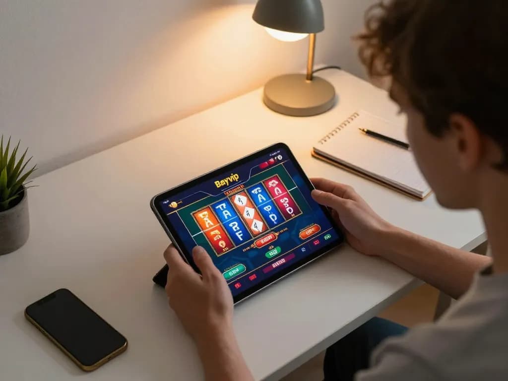 Engaging Bayvip online gaming scene showcasing tablet gameplay in a cozy setup