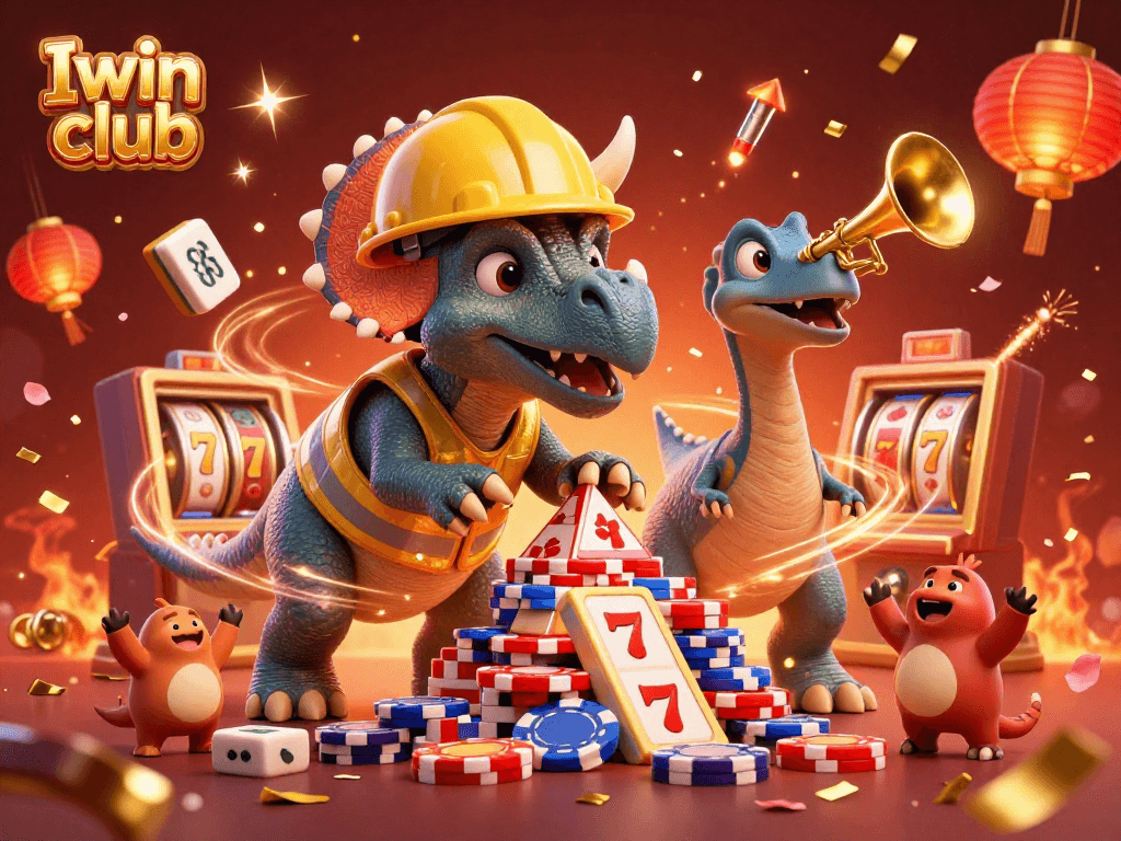 Celebrate wins with "Iwin club" in this vibrant 3D casino scene filled with gaming elements.