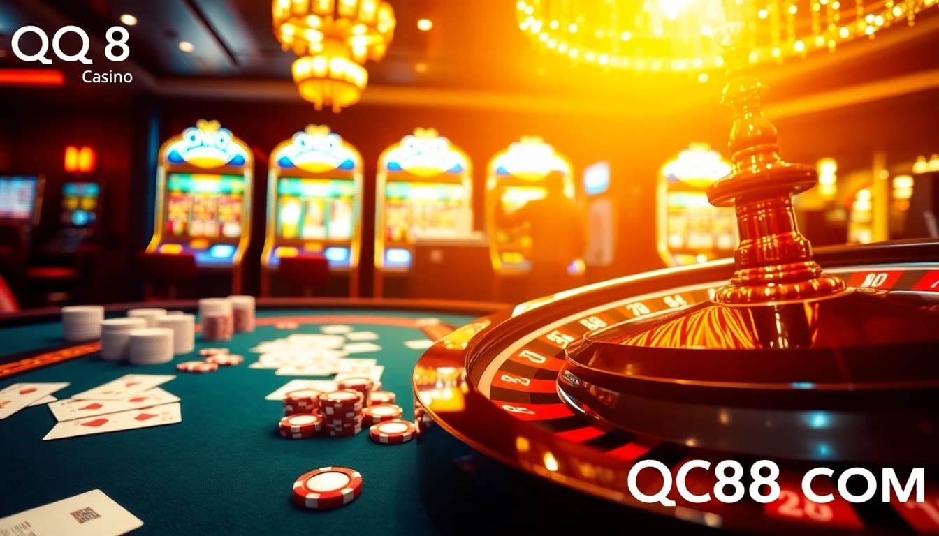 Experience the thrill of gambling at QQ88 COM with vibrant tables, poker chips, and a roulette wheel.