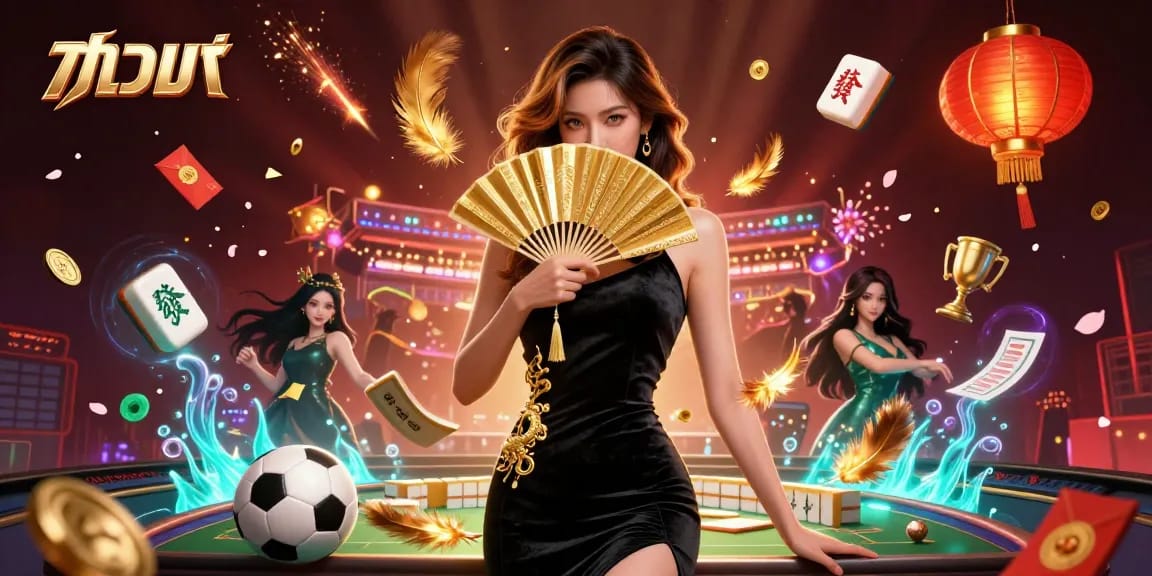 Experience แทงบอล with a captivating Asian woman elegantly holding a fan amidst dynamic sports betting elements.