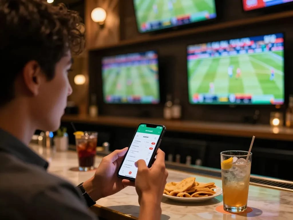 Engaged user checking soi kèo nhà cái app at a lively sports bar, surrounded by screens and excitement.