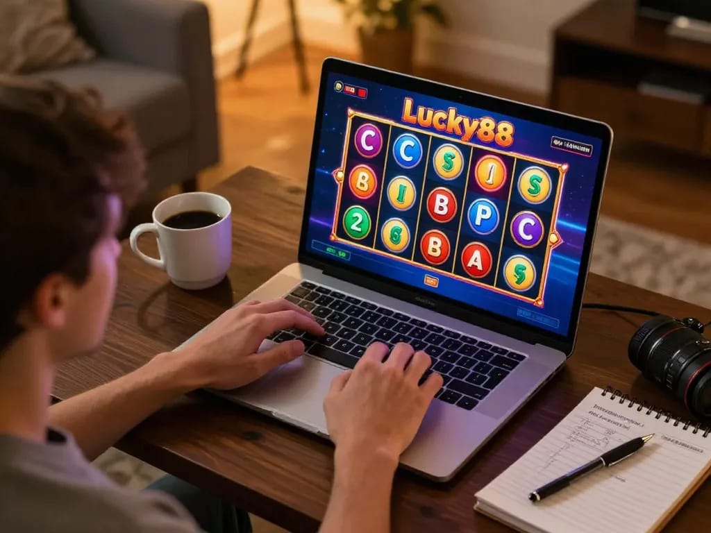 Engaging gameplay on Lucky88 slot displaying vibrant winning combinations on a laptop.