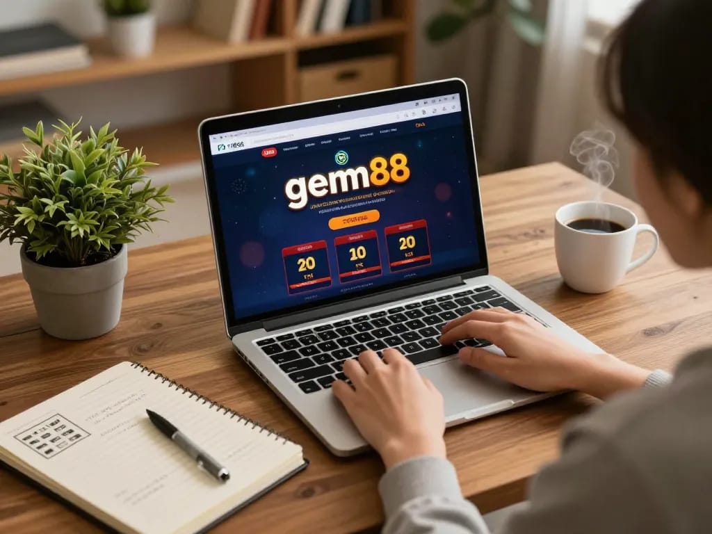 Engaging online gaming scene with gem88 app on screen, person planning strategy at home