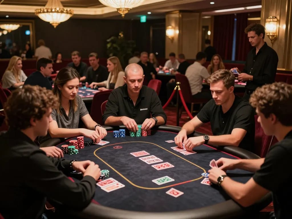 Players engaged in an exciting poker game at taixiuonlinego casino, showcasing strategic betting and ambiance.