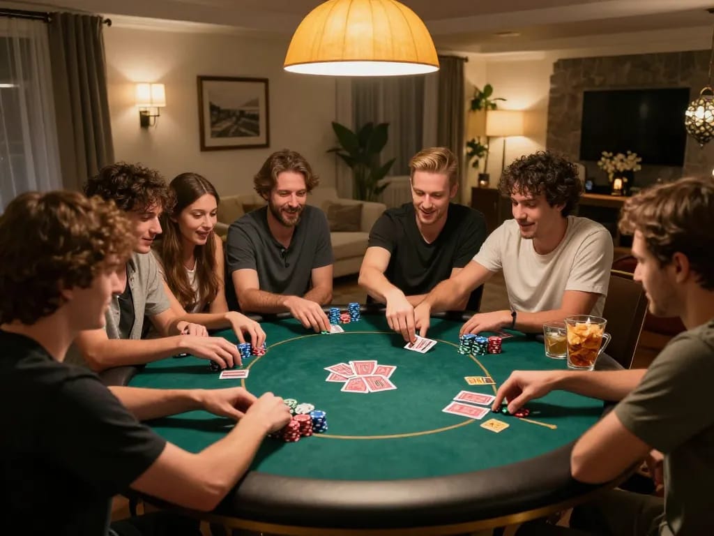 Experience thrilling poker gameplay at home featuring vb88 uy tín with friends during a lively night.