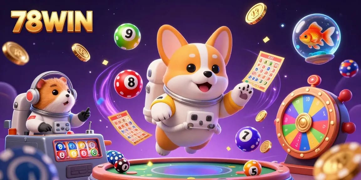 Experience the thrill of 78WIN in a dynamic 3D casino scene with floating characters and colorful game elements.