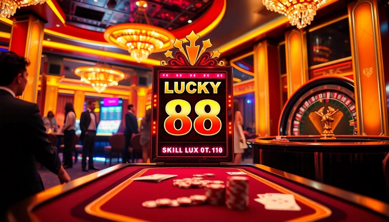 Experience the excitement of LUCKY 88 slot machine in a vibrant casino setting, featuring lively tables and glamorous decor.