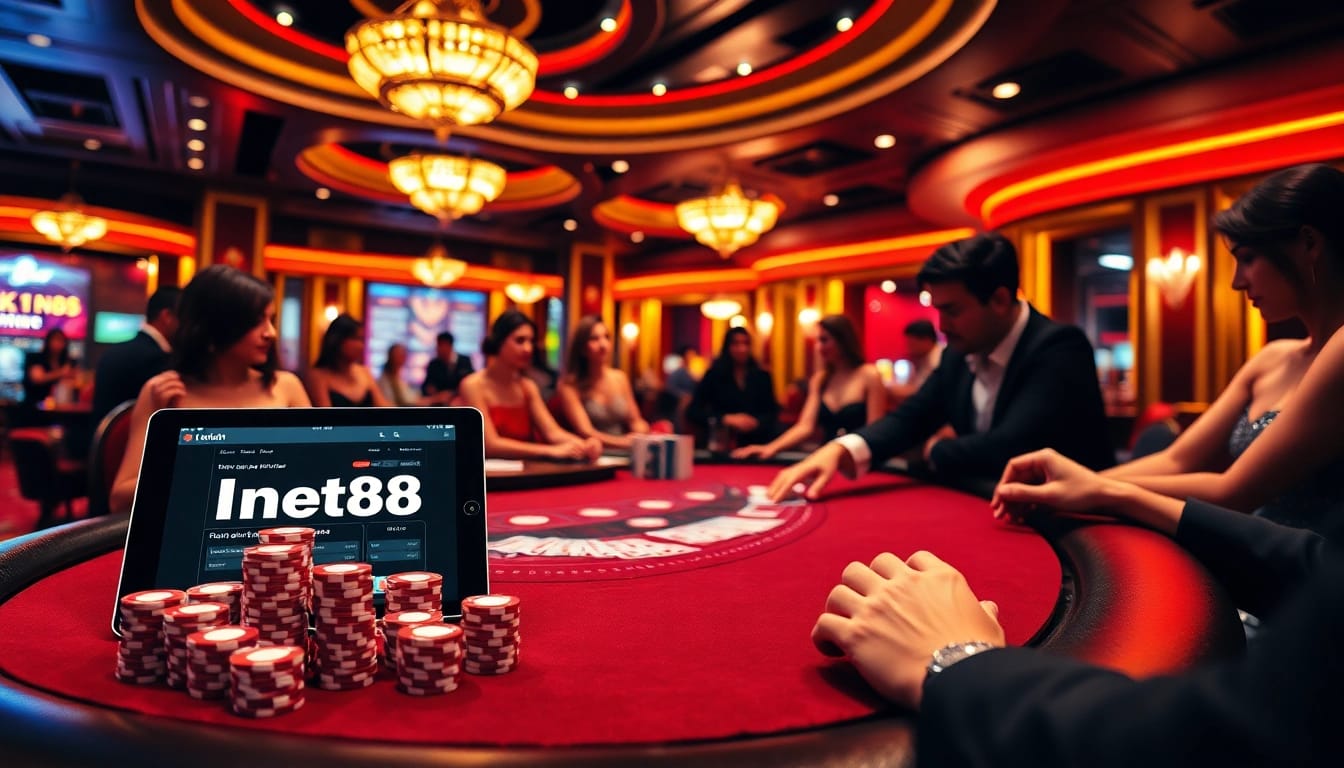 A thrilling scene at a poker table with players showcasing strategies, emphasizing the link net88 for online gambling.