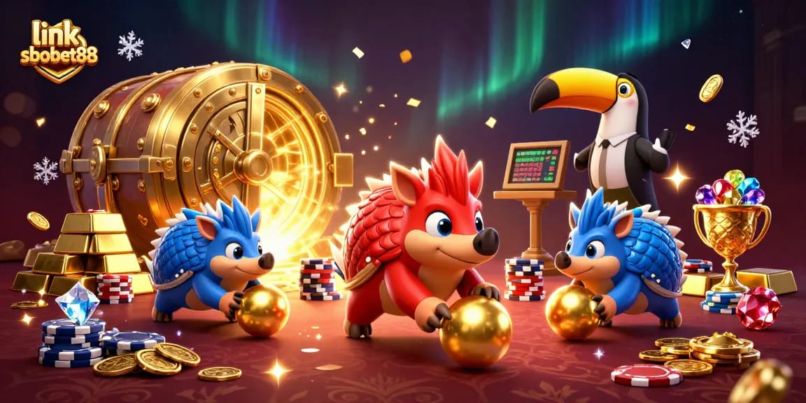 Experience action with link sbobet88 as pangolins roll through poker chips in this vibrant 3D casino scene.