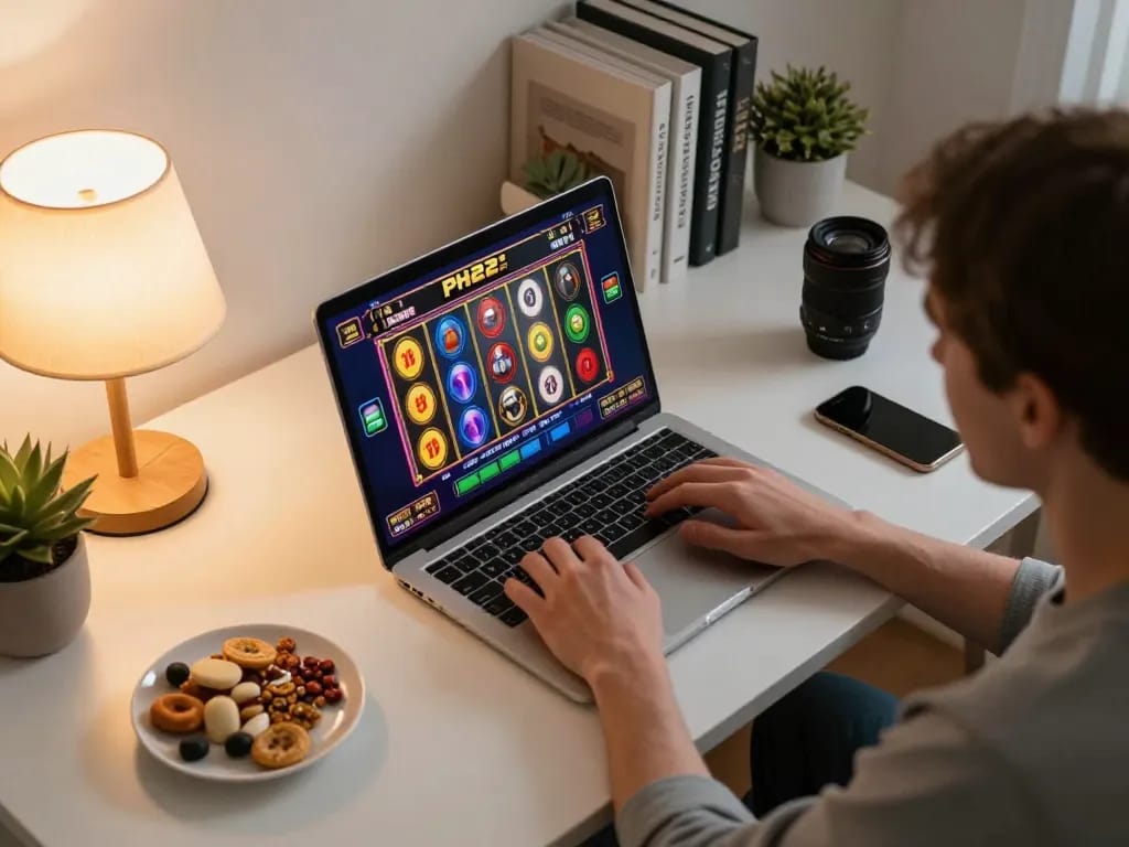 Playing slot games on PH22 online casino with vibrant screens, snacks, and cozy lighting