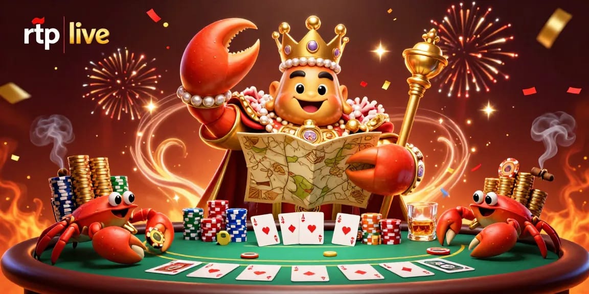 Engage with rtp live gameplay showcasing a golden crab emperor among poker elements in an exciting casino scene.