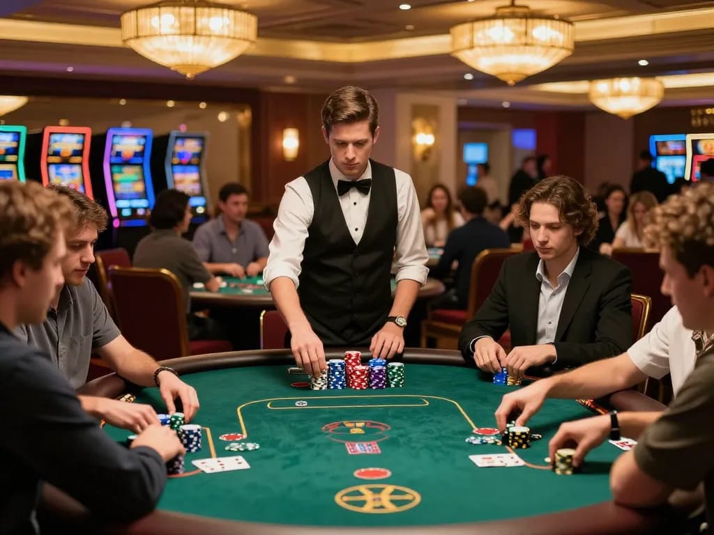 Bongdallu players engage in strategic poker actions at a bustling casino table.