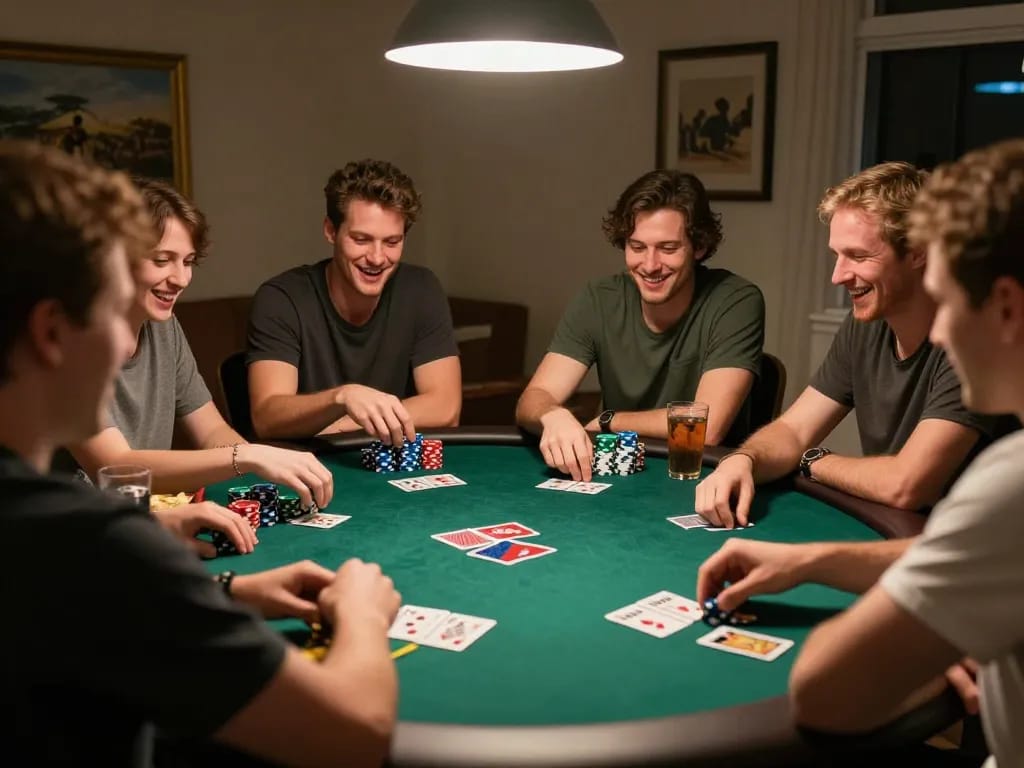 Friends enjoying poker game night at home with dafabet strategies highlighted.