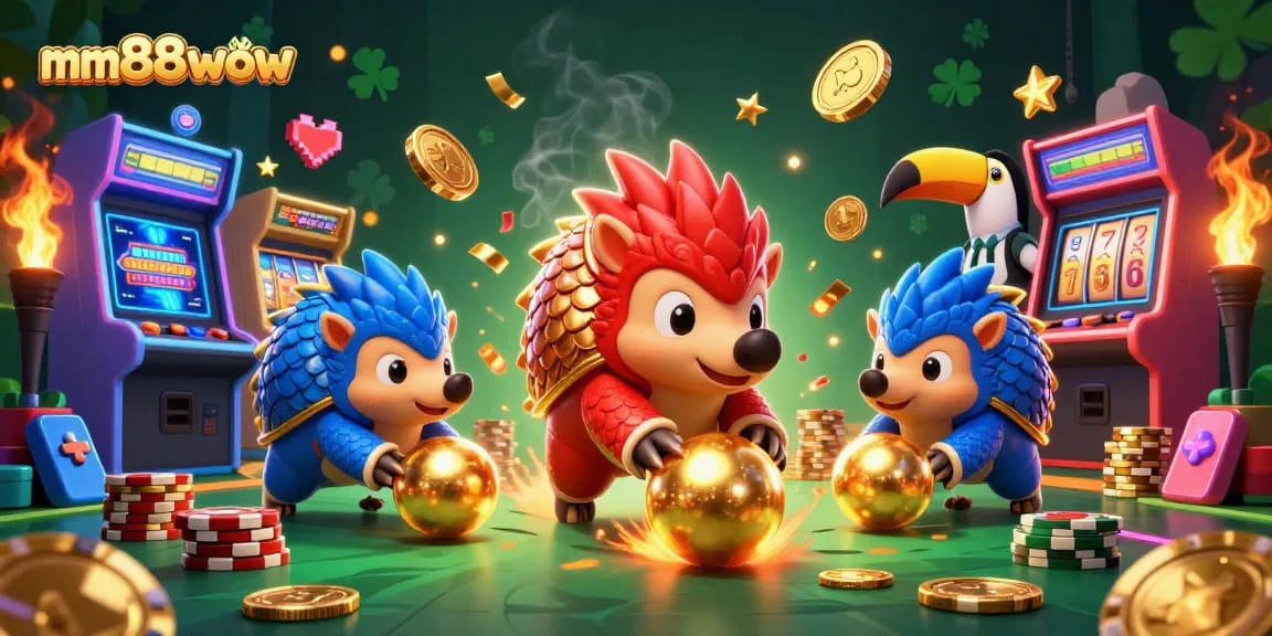 Experience thrilling gameplay with mm88wow as rival pangolins roll through golden balls and poker chips in a vibrant casino.